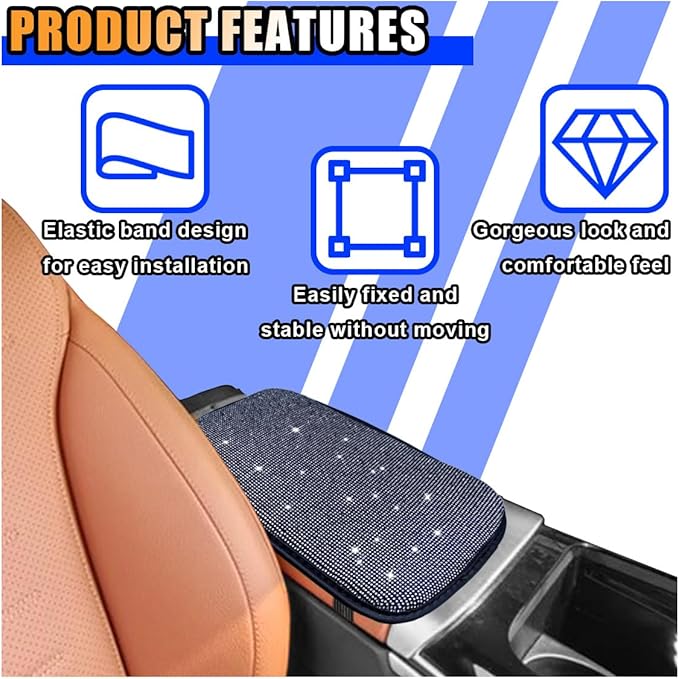 11.9''×8.4'' Bling Car Center Console Cover, Crystal Diamond Elbow Pillow Car Armrest Seat Box Cover, Soft Arm Rest Protective Cushion Pad for Women Girls, Auto Interior Decor for Car SUV (White)