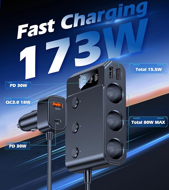 9 in 1 Cigarette Lighter Splitter, USB C Car Charger Adapter with PD30W, 3 Sockets with Independent Switches, LED Voltmeter 12V Power Outlet TSNAM