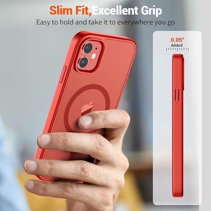SUPFINE Magnetic for iPhone 12 Mini Case & iPhone 13 Mini Case (Compatible with MagSafe) (Military Grade Drop Protection) Slim Translucent Matte Shockproof Phone Cover,Red