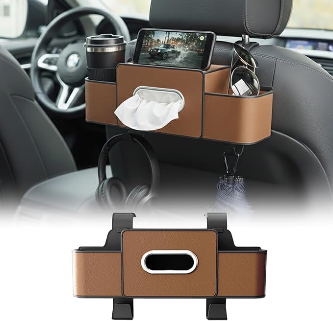 Multifunctional 3‑in‑1 Car Seat Back Storage Box Organizer with Cup Holders, Tissue Box Slot & Headrest Hooks – Backseat Car Organizer for Phones, Snacks, Drinks, Bags, Travel Storage (Brown)