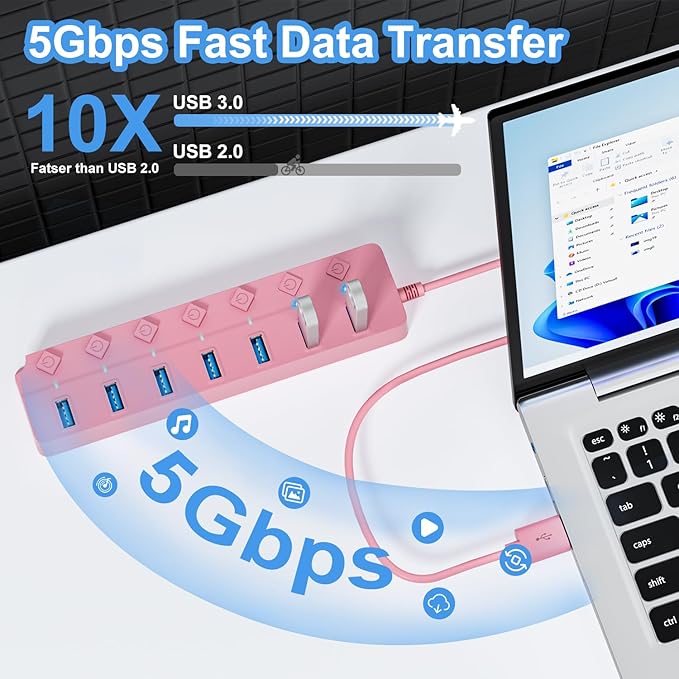 ONFINIO USB Hub 3.0, 7-Port USB Hub Splitter with Individual On/Off Switches and Lights, 3.2ft/1m Long Cable Compatible with MacBook, Laptop, Surface Pro, PS4, PC, Flash Drive, Mobile HDD-Pink