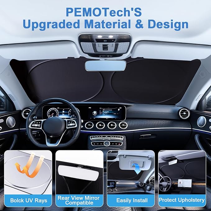 PEMOTech 2026 Upgraded Truck Windshield Sun Shade, Protector for F150/Raptor/Rv/Tikka, Thickened Overlapping Car Window Shades, Rays Blocker & Sun Dash Cover, Jeep Wrangler Accessories (69x35 inches)