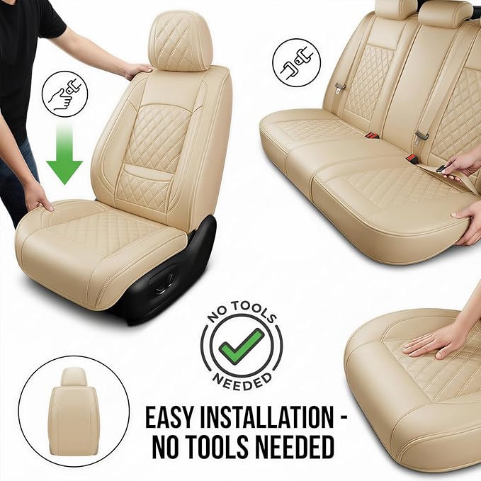 Fit Ioniq Car Seat Covers for Hyundai Ioniq 2017-2026 - Premium Leather, Waterproof, All-Weather, Airbag Compatible, Anti-Slip, Breathable, Easy Install, Seat Protectors, Full Set, Beige