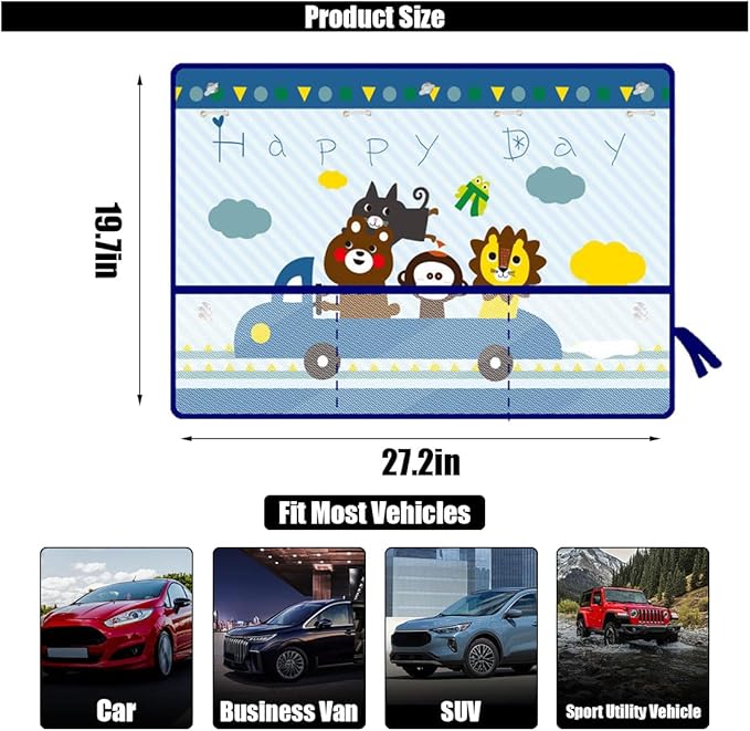 Car Window Shade for Baby, Blackout Car Window Curtain with Storage Pockets & 7 Suction Cups, Cartoon Pattern Cars Side Window Sun Shade Cover for Sun/Heat/UV Rays Protection (Blue-Animals)