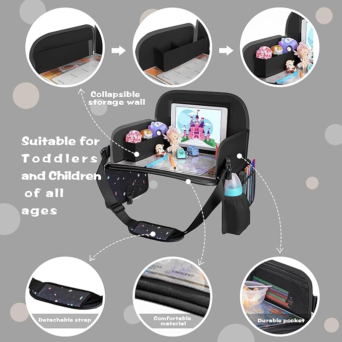 MENZOKE Kids Travel Tray, Road Trip Activities for Kids with Dry Erase Board & Cooler Cup Holder, Toddler Car Activities with No-Drop iPad Holder Stand, Roadtrip Essentials for Toddlers, Black