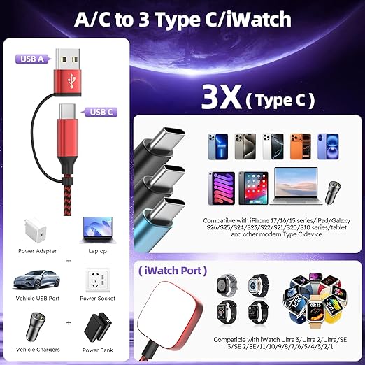 Travel Essentials 4in2 Multi Charging Cable for iPhone Watch Charger,USB A/C to 3 Type C/iWatch Charger,Charging Cables for Multiple Devices Compatible with iWatch 11-1/Ultra/SE&iPhone 17-12 5FT 2Pack