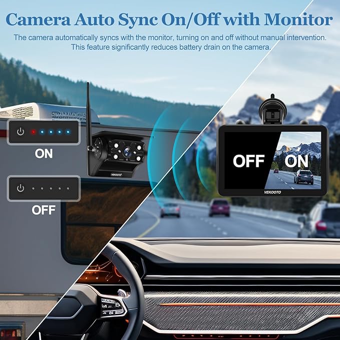 VEKOOTO VK7 2 Magnetic Solar Wireless Backup Camera with 7'' IPS Touchscreen, 15,000mAh Rechargeable, No Wiring, HD1080P Night Vision Wireless Backup Camera for Trucks, RV, Trailer, Camper