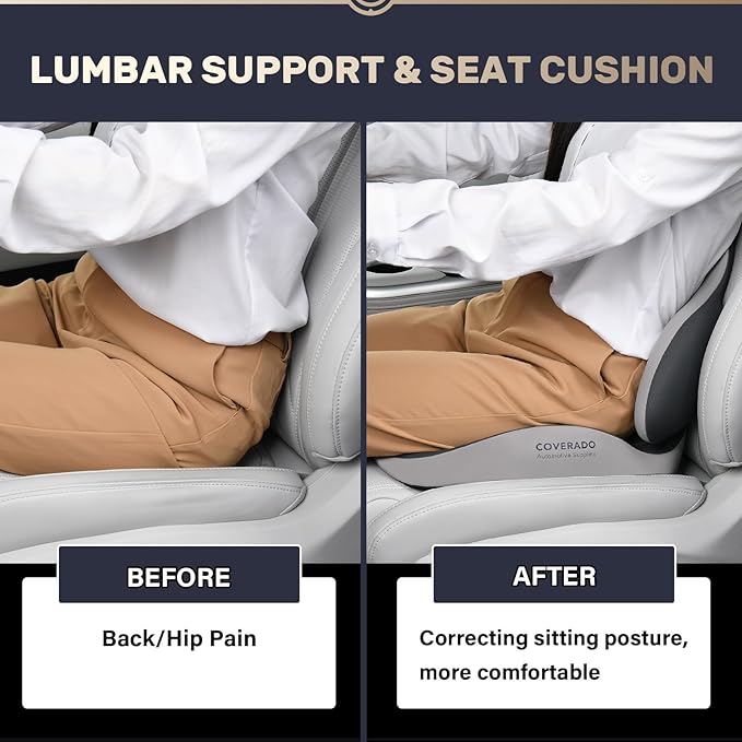 Coverado Car Seat Cushion and Lumbar Support Pillow, Memory Foam Ergonomic Back Support Driving Seat Cushion for Sciatica, Tailbone, Back Pain, Non-Slip Washable Cushion for Car, Driver, Office