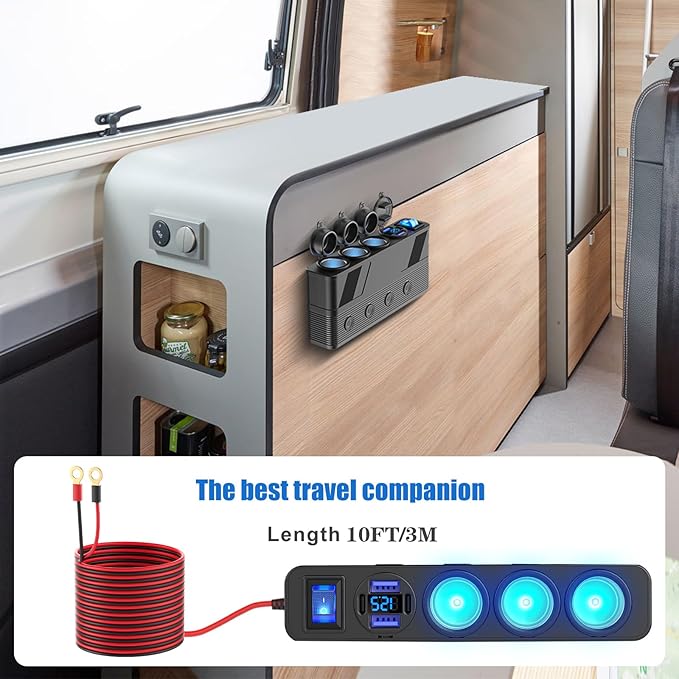 12V 24V Car Charger Socket Splitter with 10FT/3M Cable, 3 Cigarette Lighter Socket Multi 4 Port Adapter Plug with LED Display Master Switch Independent Switch,12 Volt Power Outlet with Eyelet Terminal