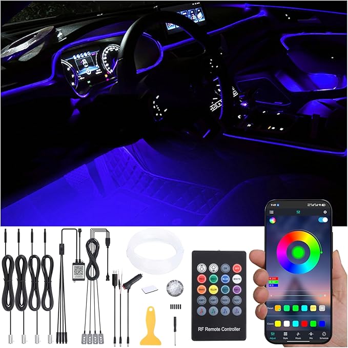 Car Ambient Lighting 64 Colors Multicoloured Music Optic Fiber RF Remote Controller + APP Control Car DIY Decorative Atmosphere Lighting Kit DC 12V 1W 5m