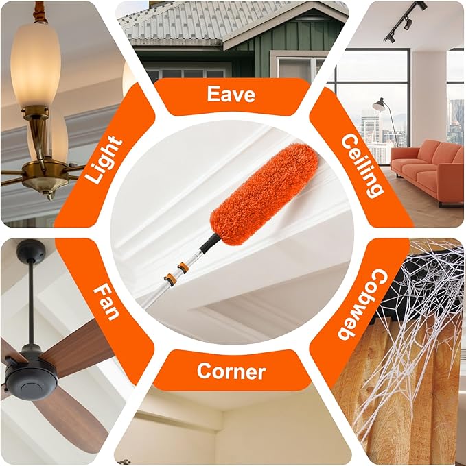 SISUPASSIE 30FT Reach High Ceiling Duster Kit, Window Cleaning kit with 5-24FT Extension Pole, Fan Duster for Ceiling Fan Blades, Microfiber Feather Duster, Rotatable Window Squeegee and Cobweb Duster