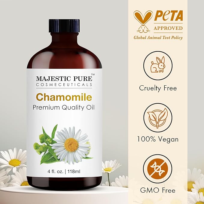 Majestic Pure Essential Oil with Glass Dropper - 100% Pure and Natural - Essential Oils for Diffuser, Aromatherapy, Soap and Candle Making, Chamomile Essential Oil, Chamomile Oil, 4 Fl Oz