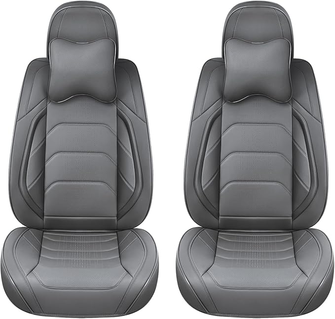 Grey Car Seat Covers Front Pair, Breathable Leather Automotive Front Seat Covers & Headrest for Reduce The Driving Fatigue, Compatible with Most Cars Sedans SUV Pickup Trucks