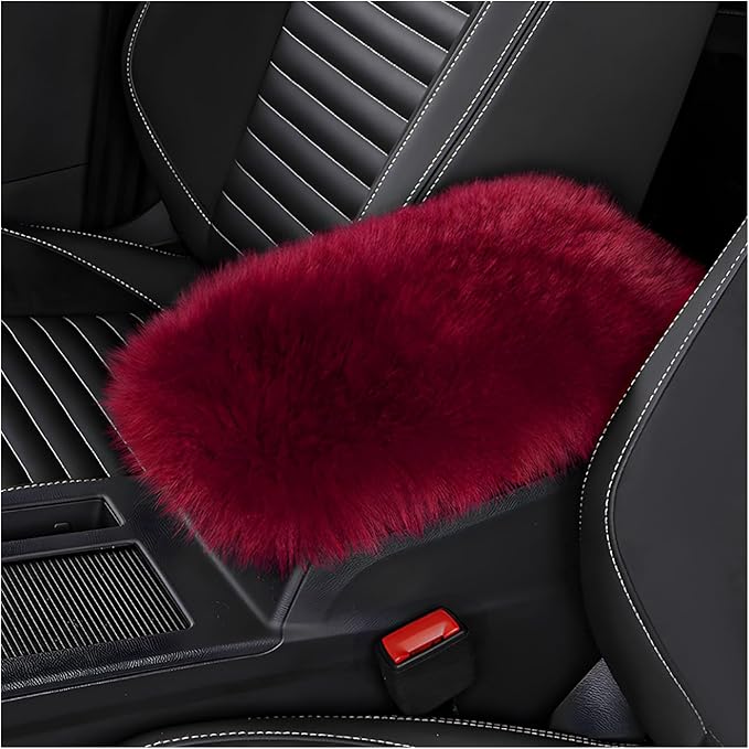 Center Console Cover, 11.81"×7.87" Automotive Fluffy Plush Center Armrest Protector, Universal Furry Comfortable Center Console Pad for Cars Trucks SUVs, Car Accessories (Wine Red)