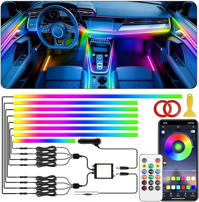 Dreamcolor Acrylic Interior Car LED Strip Light with APP Remote Control, RGB 8 in 1 with 235 inches 800 LEDs Fiber Optic Strip Lights for Car, Dynamic Chasing Music Sync Neon Car Ambient Lighting Kits