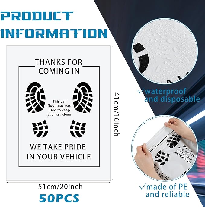 Riakrum 50 Pcs Disposable Car Floor Mat Floor Car Mat Vehicles Motive Cover Protector Temporary Rug 16 x 20 Inch (PE)