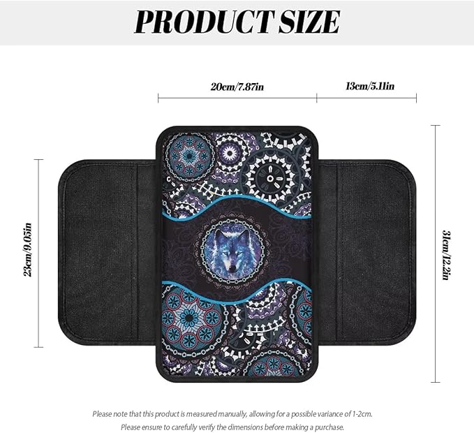 Wolf Boho Mandala Pattern Car Center Console Cover with Side Pockets Elastic Automobile Armrest Pad Comfortable Armrest Seat Box Cover Protector Car Decor Accessories