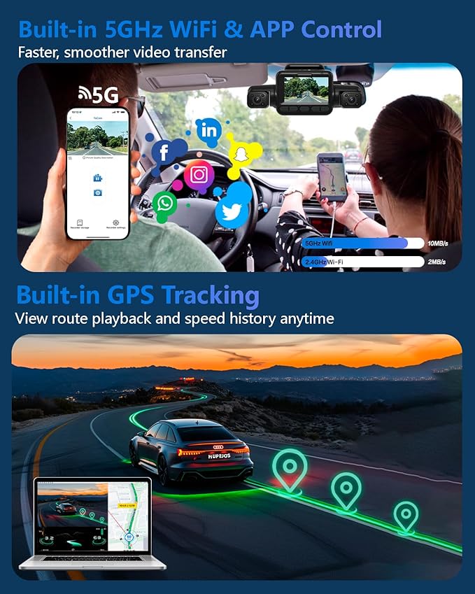 HUPEJOS AI 4K Dash Cam Front and Rear Recording with Driver Monitoring System,STARVIS 2,360° View 4 Channel Dashcam Free 64G Card,5G Wi-Fi GPS,3" Touch Screen,Night Vision,CPL,24/7 Parking Mode,V8 MAX