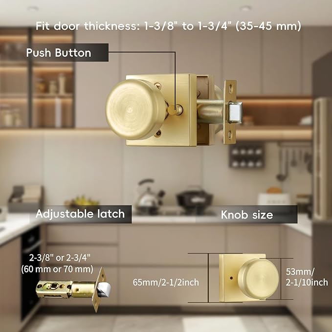 6 Pack Brushed Gold Door Knob with Square Rosette, Heavy Duty Door Knob with Lock, Interior Door Handles for Bath & Bed,