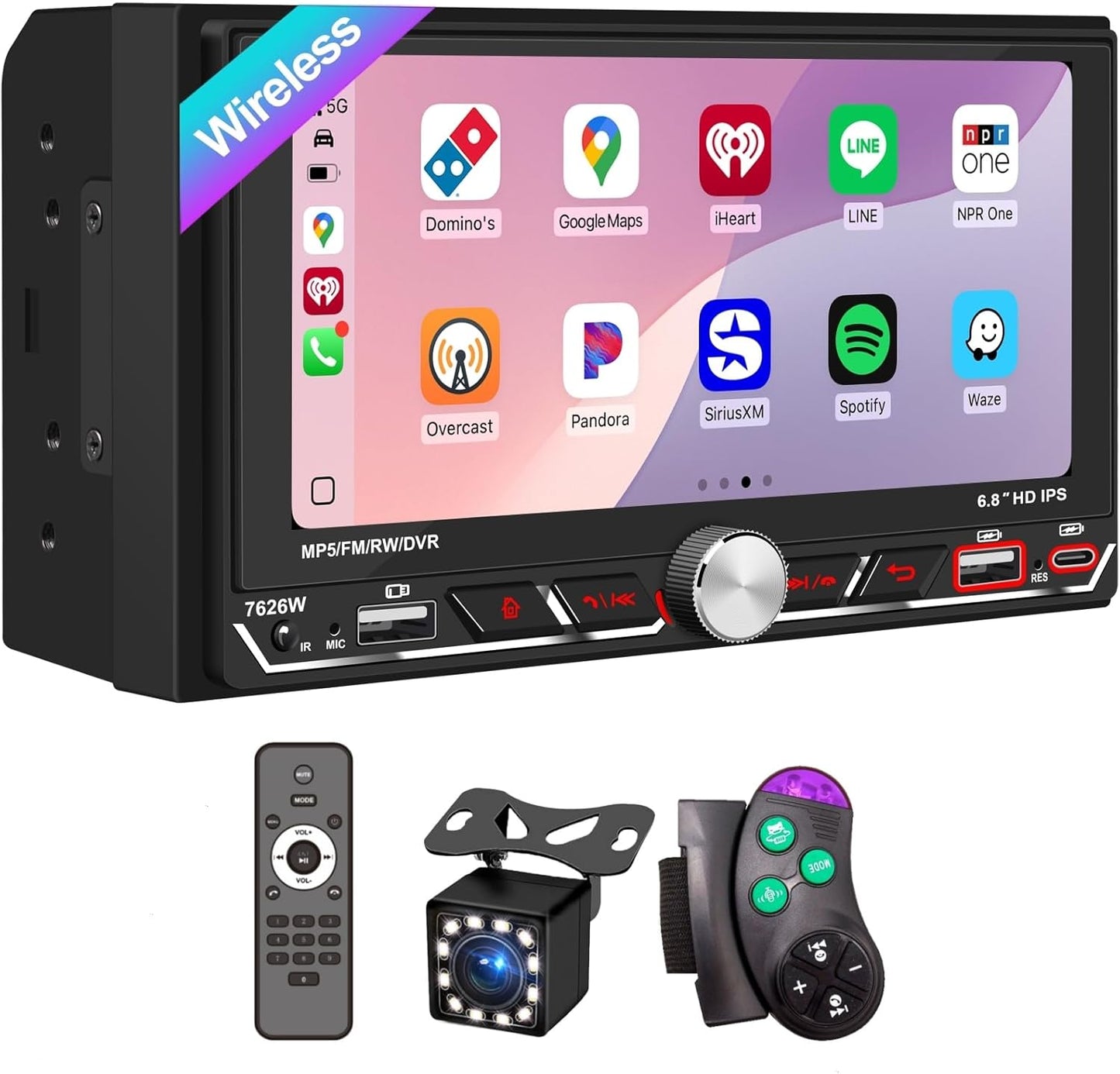 Wireless Apple CarPlay,Double Din Car Stereo,Bluetooth 5.2,FM AM Car Radio,HD 1280*600 Display,6.8" IPS Touchscreen,GPS Navigation,Android Auto,Backup Camera,MP5,Subwoorf,Type-C Fast Charging,Dual USB