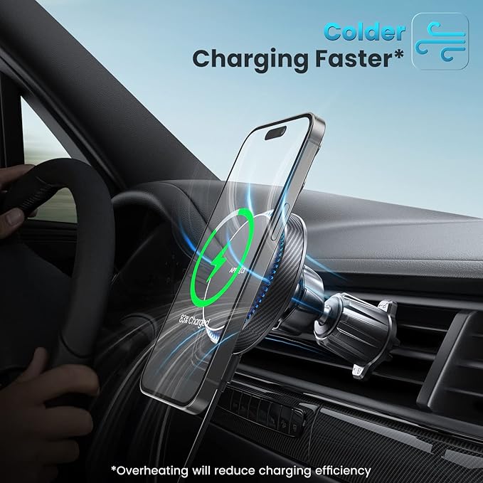 APPS2Car Wireless Car Charger with 15W Fast Charging for Magsafe Car Vent Mount - Only Compatible with iPhone 16/15/14/Magsafe Series Phones, Equipped with 3200RPM Cooling Fan System