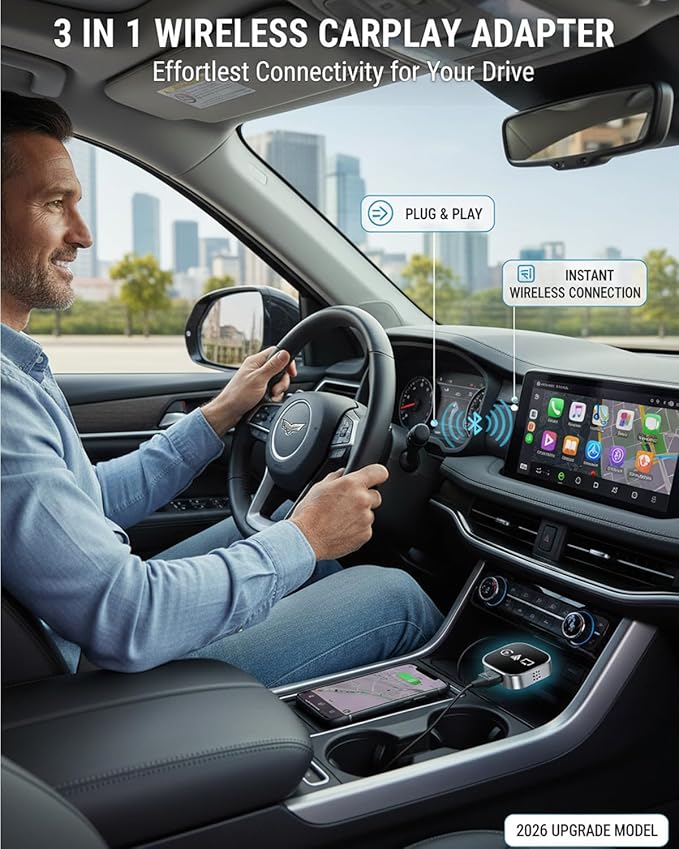 3 in 1 Wireless Carplay Adapter, Car Screen Mirroring Converter, 2026 Upgrade Mirror iOS Phone for iPhone/Airplay/Apple/Android, Bluetooth Auto Link, Wired to Wireless, Plug & Play (for iPhone)
