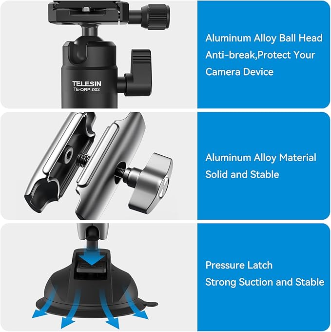 Triple Suction Cup Camera Car Mount Holder, Heavy Duty Tripod Window Windshield Dash Dashboard Inside Outside Sucking Attach Accessories for GoPro Insta360 DJI Action Osmo Pocket DSLR Accessory