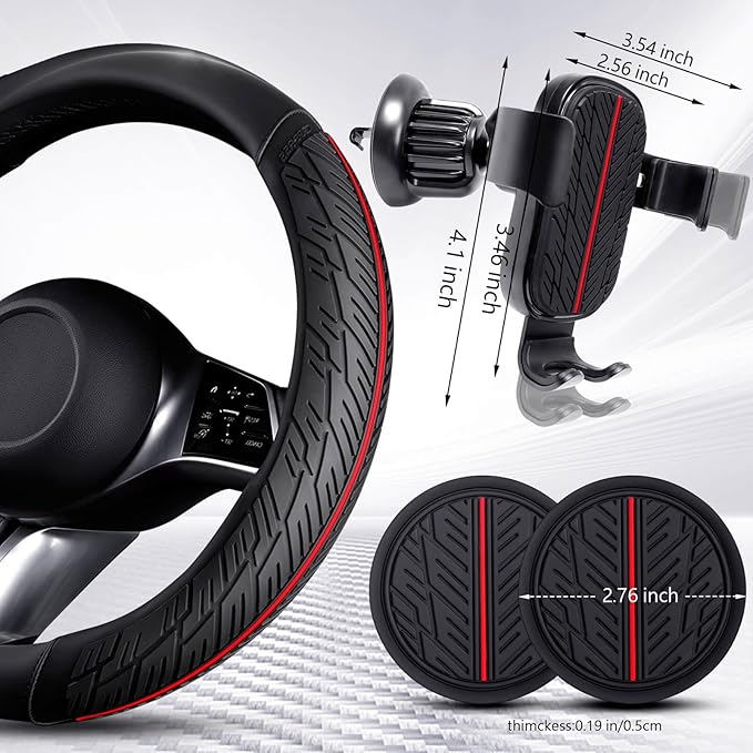 CAR PASS Leather Rubber Steering Wheel Cover Set,Tire Tread Pattern Design,Non-Slip Wear-Resistant,Equipped with Mobile Phone Holder and Non-Slip Cup Mat,Suitable for Steering Wheel 14.5-15”Black Red