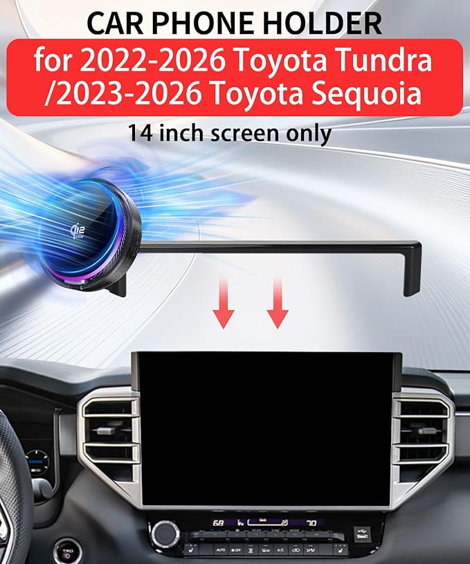 Qi2.2 25W Magnetic Car Mount Charger for Toyota Tundra 2022-2026/Sequoia 2023-2026 Accessories, for Fast Charging Cell Phone Holder 14 Inch Screen Fixed Clip with Cooling Fan＆54W Fast Adapter