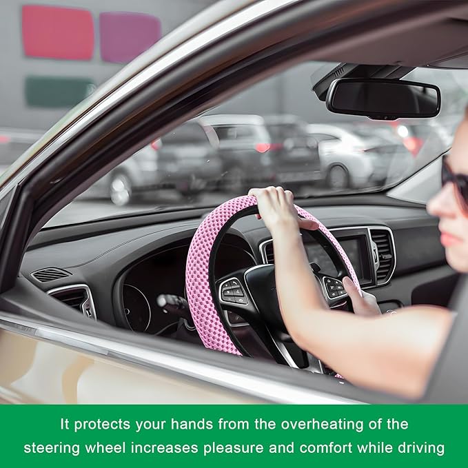 Elastic Steering Wheel Cover, 15"×15" Breathable Ice Silk Steering Wheel Protector, Universal Auto Wheel Wrap Anti-Slip Soft Cover for Ultimate Comfort, Car Accessories (Pink)