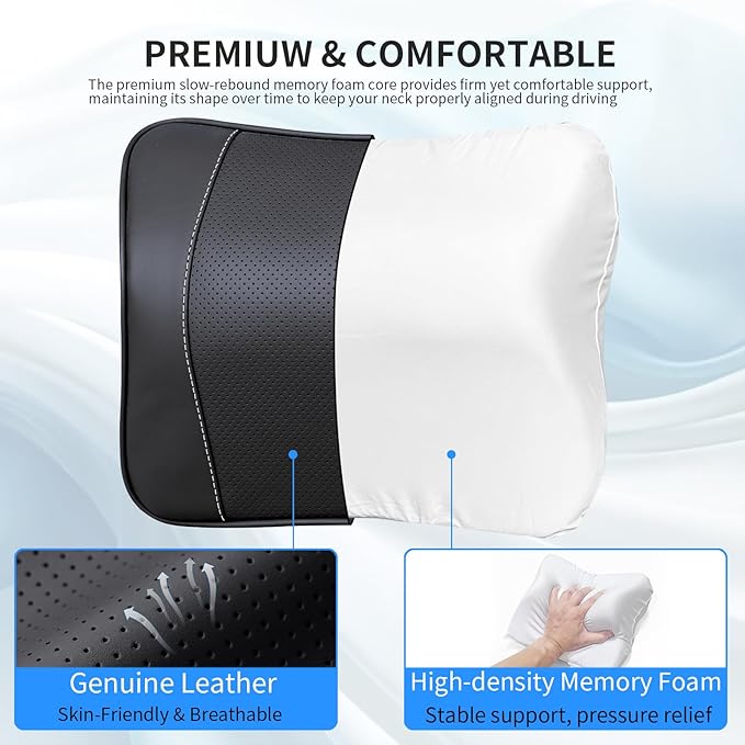 Quintor Genuine Leather Car Neck Pillow,Memory Foam Headrest Cushion, Ergonomic Cervical Support for Tesla Model 3/Y/X, Lexus, BMW- Breathable & All-Season Soft (2 PC)
