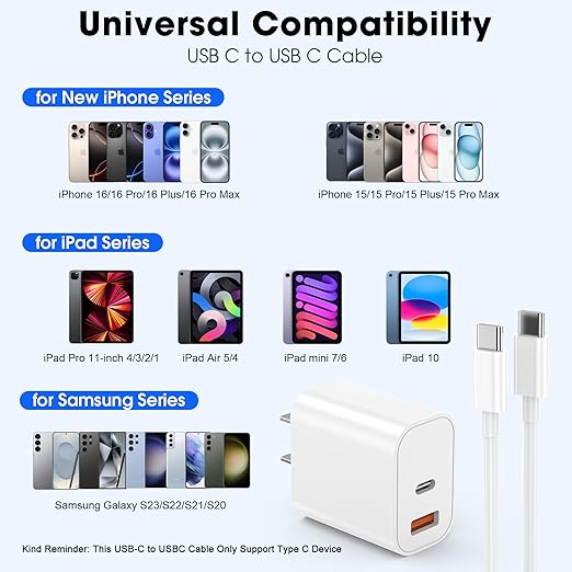 iPhone 17 16 15 Charger Fast Charging, 20W USB C Wall Charger Block with 6ft Type C to USB C Cable Cord for Apple iPhone 17/17 Pro/17 Pro Max/17 Air/16/16 Plus/16 Pro Max/15/15 Pro Max/iPad Pro/Mini