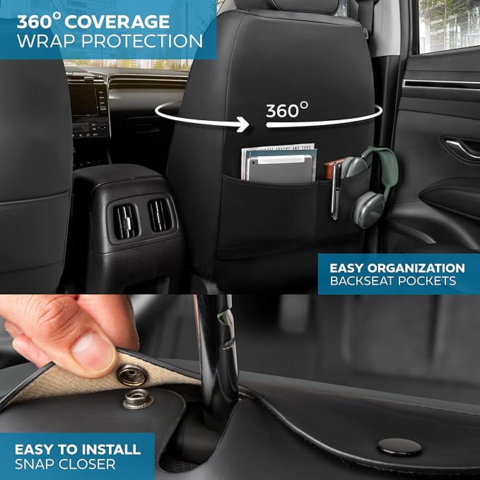 Deluxe Edition Napa Leather Seat Covers Full Set – Black & Gray Car Seat Covers Front Seats and Back Car Seat Protector, Waterproof and Universal Fit for Most Small to Mid Size Truck & SUVs