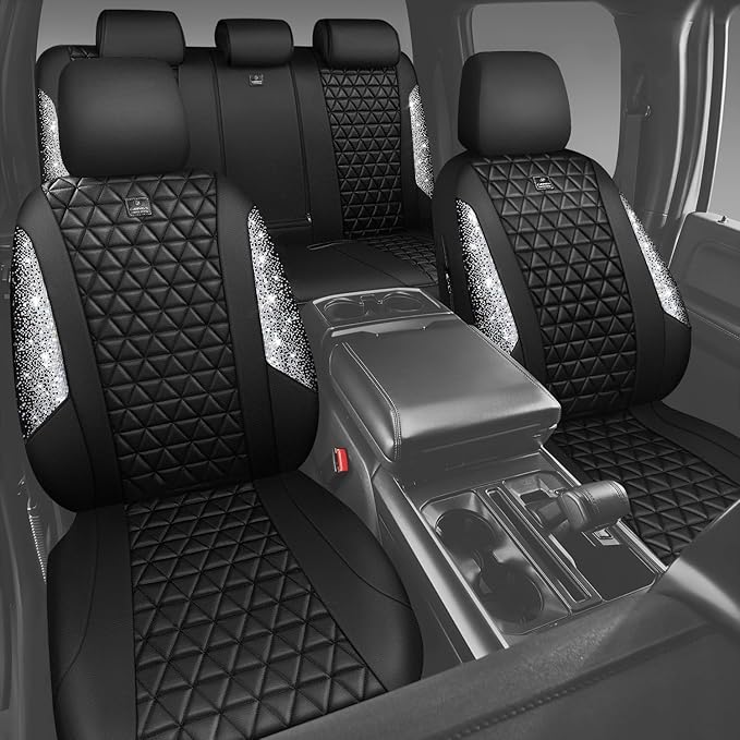 CAR PASS Bling Diamond Leather Car Seat Covers for 2 Front Interior Sets, Waterproof Shining Glitter Sparkly Crystal Universal Armrest Fit Automotive Truck SUV Cute Women Girl, Black Silver Rhinestone