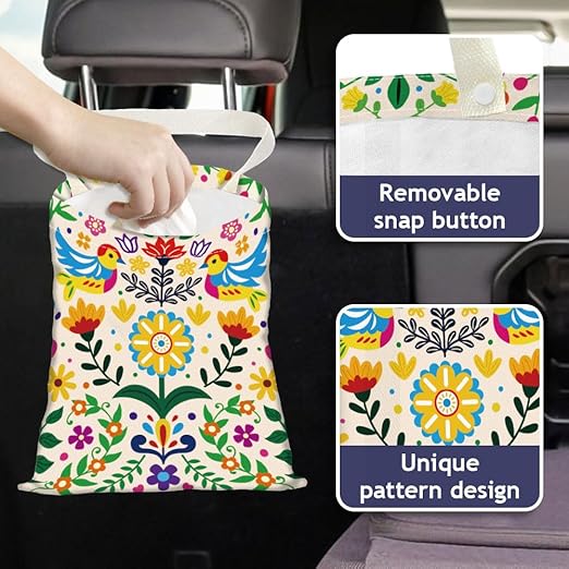 Abstract Birds Flowers Print Car Trash Bag Hanging Garbage Bag with Snap Buttons Car-Back Seat Trash Storage Portable Dustbin for Vehicle Interior Accessories Travelling Camping