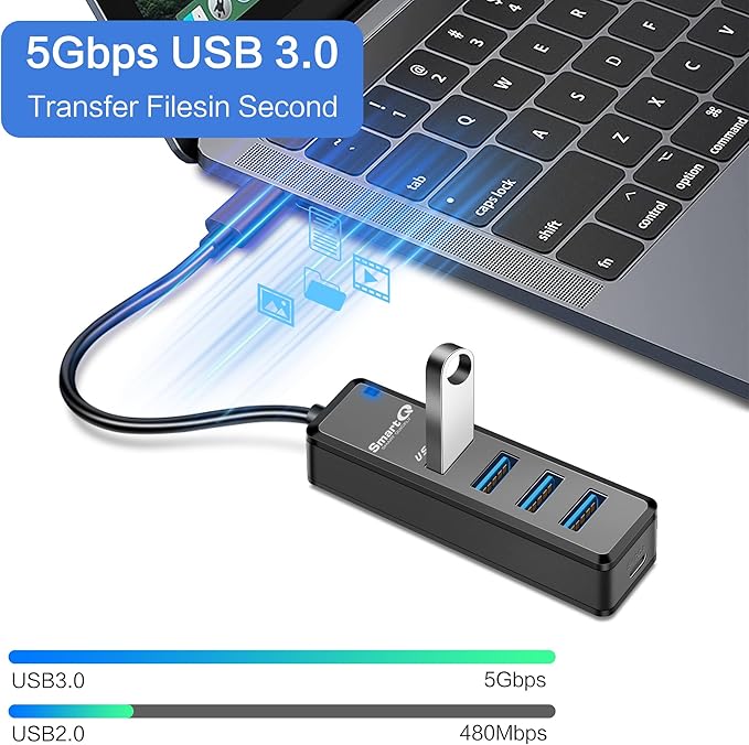 SmartQ USB C Hub 4 Ports, USB Hub with 4 USB 3.0 Ports, Powered Type-C Splitter for Laptop, MacBook Pro, iMac, iPad Pro, Chromebook, Pixelbook, Galaxy S23 and More Devices