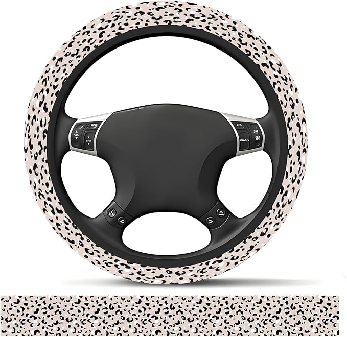 Elastic Car Steering Wheel Cover, Universal 15 inch Non-Slip Breathable Neoprene Steering Wheel Protector, Car Accessories for Women Men Fit Auto, Suvs, Truck White Leopard