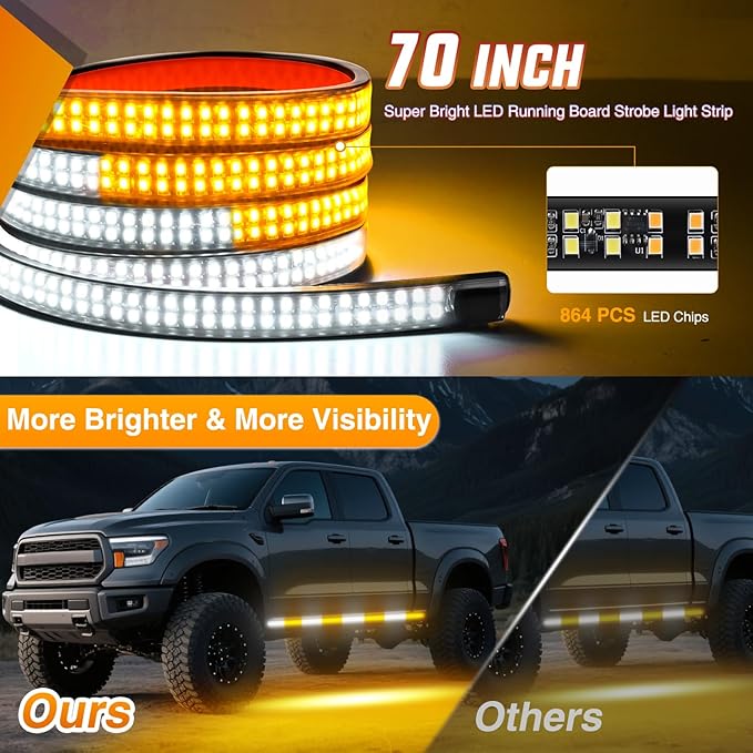 Nilight 2PCS 70 Inch Emergency Strobe Light Strip with Controller 864 LED Amber White Running Board Lights Flexible Side Flashing Warning Caution Safety Waterproof for Truck Construction Pickup
