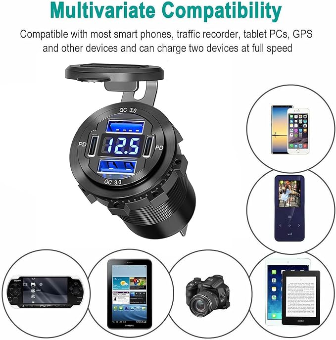 12V USB Outlet 78W Metal Car Charger Socket Dual 30W PD Dual 18W QC3.0 with Voltmeter Aluminum 12V Power Outlet Car USB Port Adapter for Car Truck Golf RV Marine