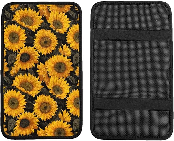 Yellow Sunflower Center Console Cover Vintage Flower Armrest Lid Protector Floral Middle Console Cushion Interior Accessories