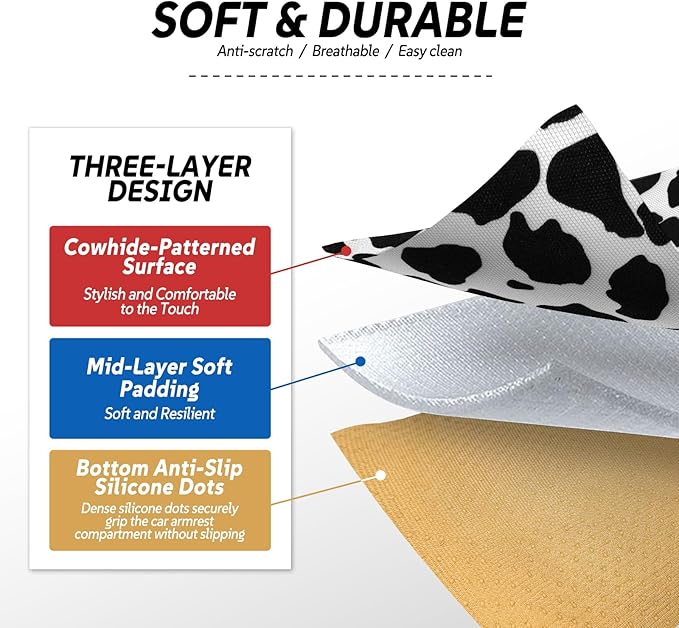 Cow Print Armrest Cover with 2 Side Pockets & Storage Bags, Cute Cow Car Decor,Center Console Cover Pad Organizer, Cow Pattern Cushion Mat,Interior Accessories for Most Vehicles (Black)