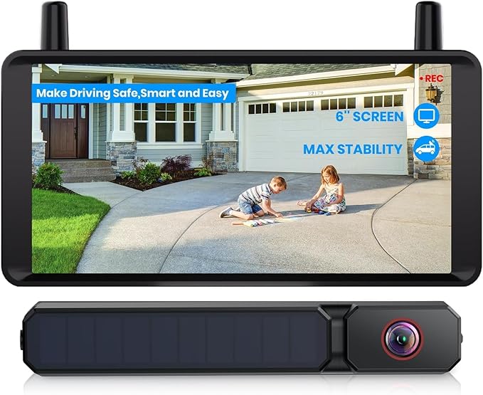 AUTO-VOX 6 Inch Solar Backup Camera Wireless: 2 Minute Install, 16:9 1080P HD Monitor, Dual Channel Split Screen, Clear Live View, DVR Recording, IP69K Waterproof Back up Camera for Car,Truck, Trailer