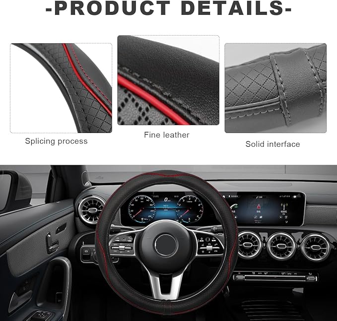 Car Steering Wheel Cover, 15 Inch Anti-Slip Breathable Leather Auto Steering Wheel Protector, Full Surround Soft Steering Wheel Cover for Men Women, Car Interior Accessories (Black & Red)