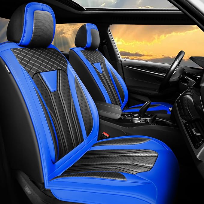 Fit Prius Car Seat Covers for Toyota Prius 2001-2025 2026 -Full Set Premium Leather, Waterproof, Breathable，All-Weather Seat Cushion Protecto & Airbag Compatible, 5-Seats Blue & Black