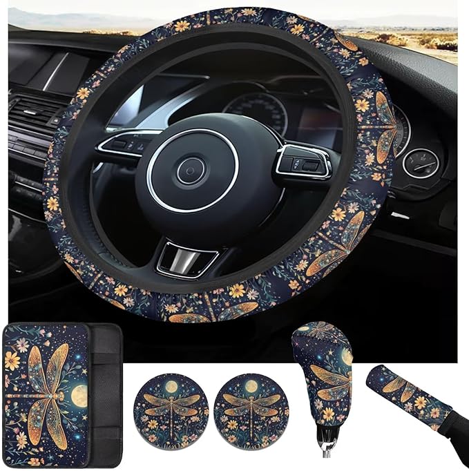 Dragonfly Print Car Steering Wheel Cover Sets for Women Moon Flower Auto Interior Accessories Cup Holder Armrest Pad Seatbelt Cushion Fit Vans Trucks,SUV