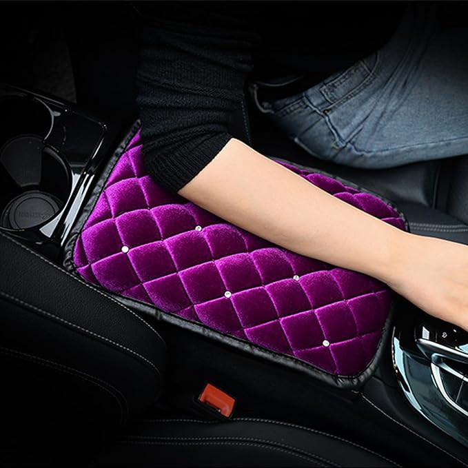 Bling Car Armrest Cover, Crystal Rhinestone Fluffy Automotive Armrest Seat Box Cushion Pad, Soft Comfortable Diamond Car Center Console Cover, Universal Vehicle Accessories (Purple)