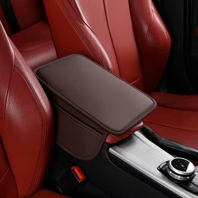 Thin Car Center Console Cover, PU Leather Armrest Cushion with 2 Side Storage Pockets, Universal Car Interior Accessories for Most Vehicles/SUV/Sedan (Thin-Pure Color, Coffee)