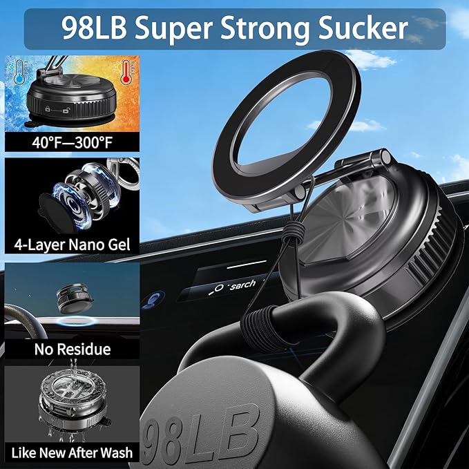 JKSML Magnetic Car Phone Holder [98LBS Strongest Suction & 2800gf Magnetic] 360° Adjustable Foldable Car Mount for Magsafe, Versatile for Car/Gym/Mirror Mount/Daily Stand, for iPhone & Android, Black