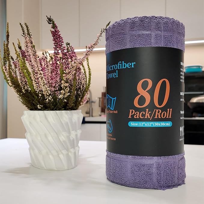 Ferdilan 80 Pack Microfiber Cleaning Cloth Roll,Lint Free Rags Paper Towels & Tear Away Reusable Towels,Washable Shop Rags,Wash Cloths Dish Rags(12" x 12") for Car Kitchen Window Garage-Dark Purple