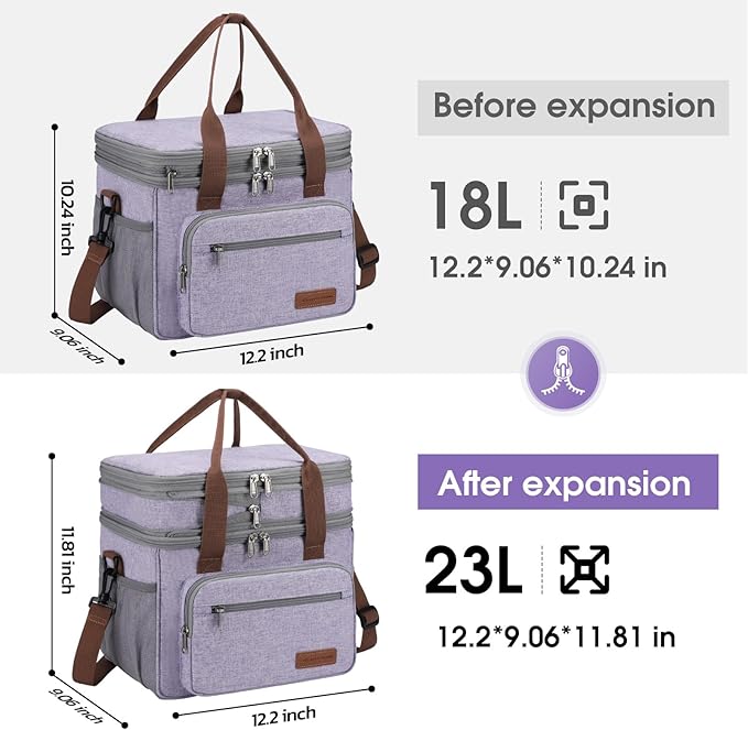 Maelstrom Lunch Box, 23L Insulated Lunch Bag, Expandable Double Deck Cooler Bag, Lightweight Leakproof Tote Bag With Side Tissue Pocket, Suit For Men and Women (D Lavender)
